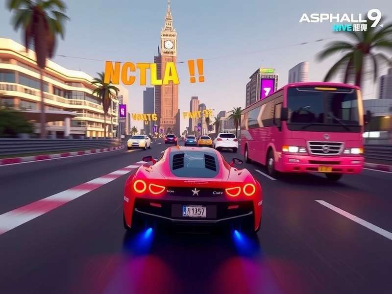 Asphalt 9: Legends gameplay showing a Lamborghini Huracán performing a 360° shockwave jump over Dubai palms