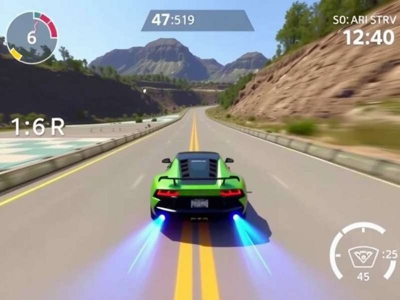 Asphalt 9 gameplay showing Lamborghini supercar racing at sunset with neon lights