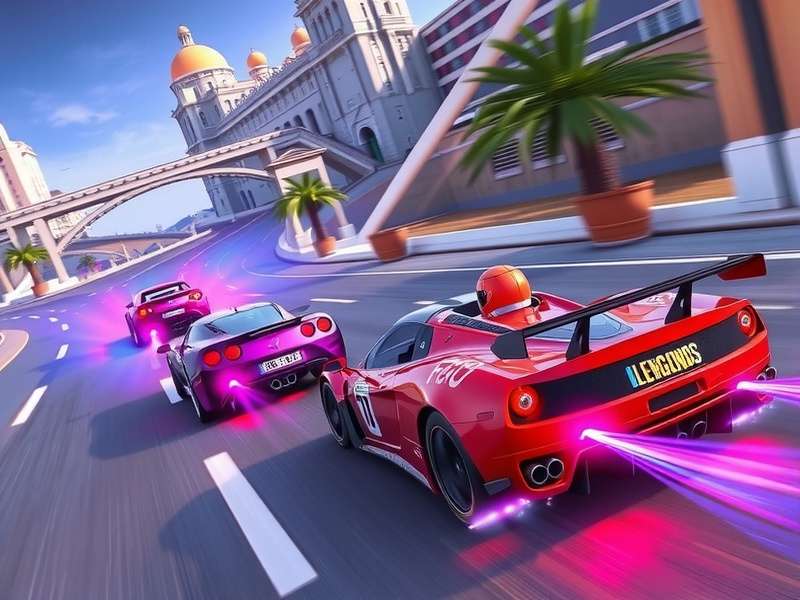 Asphalt 9 Legends gameplay showcasing hypercars racing on a neon track at sunset